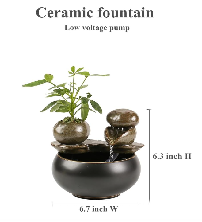 Ceramic Tabletop Fountain for Indoor and Home Decoration Table Desk Office Patio (Black 2)
