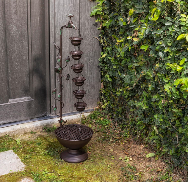 Outdoor Floor Tiered Vintage Water Fountain w/ 6 Hanging Cups, Soothing Tier Waterfall, 38", Bronze