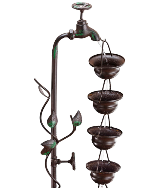 Outdoor Floor Tiered Vintage Water Fountain w/ 6 Hanging Cups, Soothing Tier Waterfall, 38", Bronze