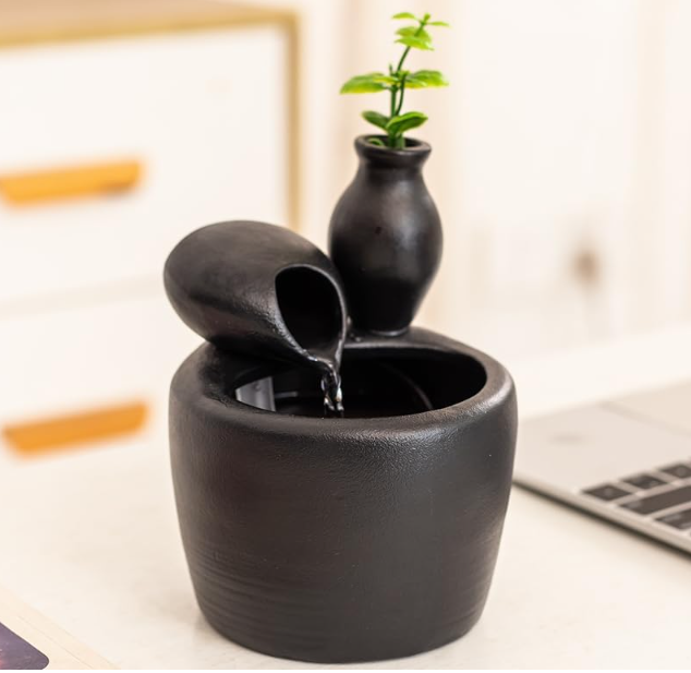 fountain ceramic mini modern design water feature indoor tabletop desktop home decoration office kitchen gift (Black)