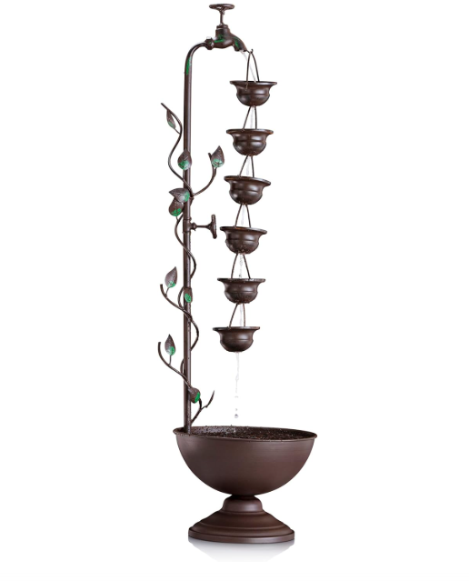 Outdoor Floor Tiered Vintage Water Fountain w/ 6 Hanging Cups, Soothing Tier Waterfall, 38", Bronze